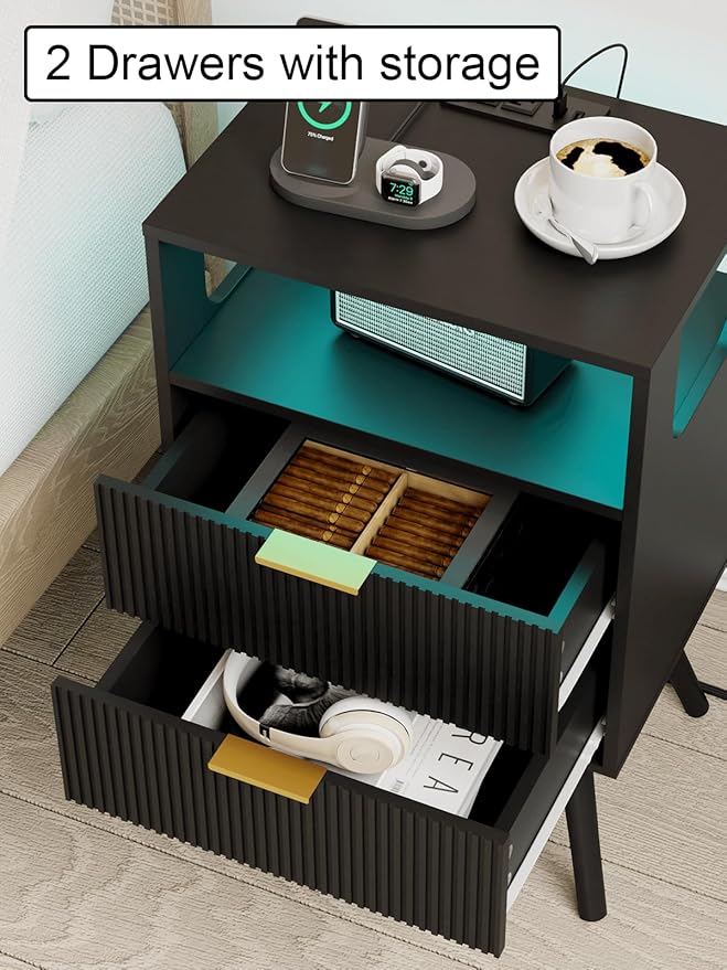 Nightstand with Charging Station and LED Lights, Modern Bedside Table with 2 Storage Drawer and Open Wood Shelf for Bedroom and Small Spaces, Night Stand with Solid Wood Legs