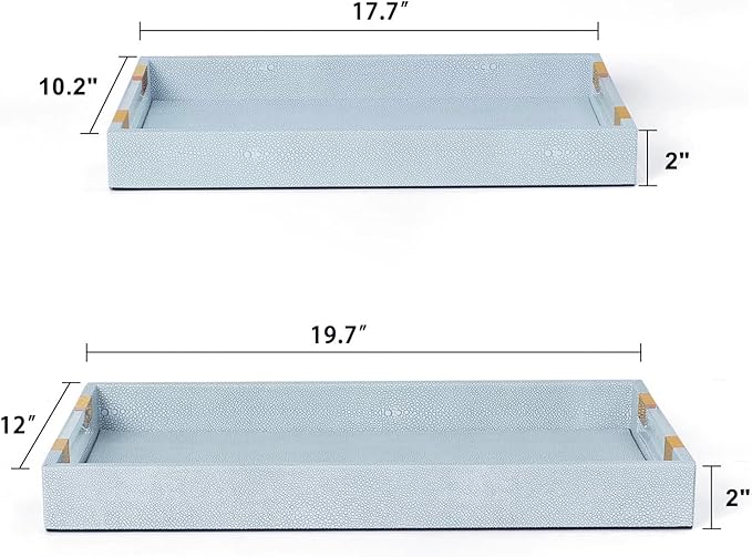2 Pack Large Ottoman Tray Shagreen Decorative Tray Serving Tray with Acrylic Gold Handles, Ice Blue Vegan Leather Coffee Table Tray for All Occations Home Decor