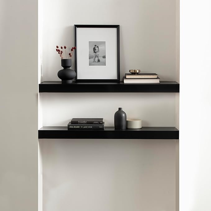Kate and Laurel Havlock Modern Natural Floating Shelf; 36 x 8; Black; Functional Bathroom and Kitchen Shelf for Storage and Display of Picture Frames or Plants
