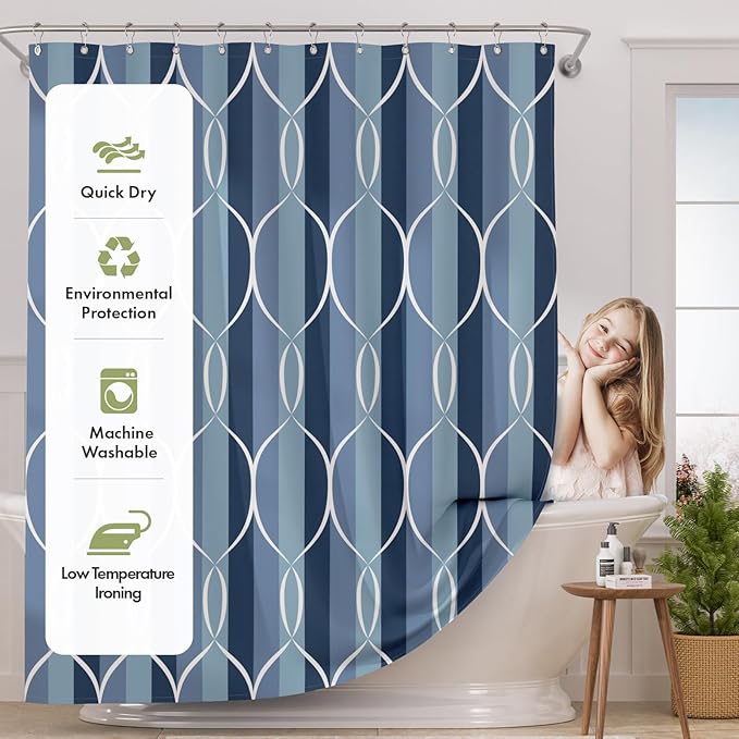AmazerBath Shower Curtain Blue, Geometric Cloth Shower Curtain Sets with 12 Shower Curtain Hooks, Luxury Hotel Quality Washable Farmhouse Polyester Fabric Fall Bathroom Shower Curtains, 72x72 Inches