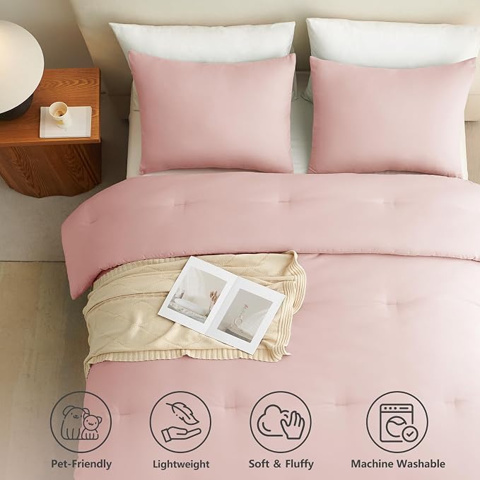 CozyLux King Size Comforter Set Blush Pink, 3 Pieces Lightweight Down Alternative Quilted Bedding Sets, All Season Soft Breathable Solid Comforter with 2 Pillowcases, Luxury Bed Set Gift for Home