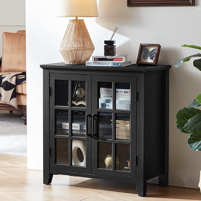 Large Sideboard Buffet Cabinet with Storage, 32" Farmhouse Kitchen Coffee Wine Bar Cabinet with 2 Glass Doors, Wood Mid Century Modern Side Board Table for Dining Room, Living Room, Black