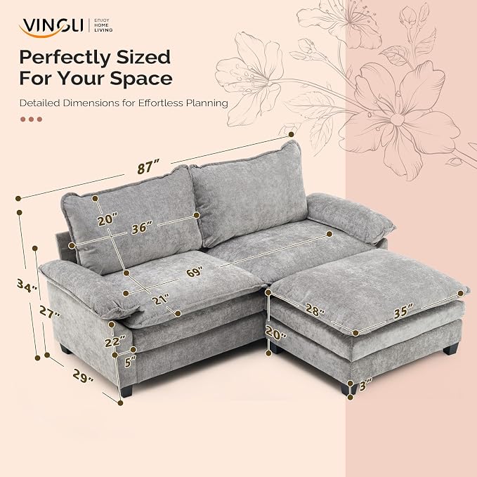 VINGLI 87" Convertible Sectional Sofa,L-Shaped Deep Seat Sofa Couch for Living Room,Modern 2-Seat Loveseat Sofa with Ottoman for Small Space(Light Grey)