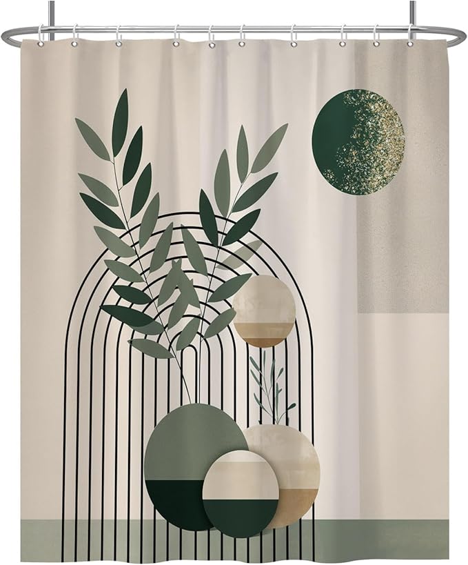 Baocicoo Mid Century Bohemia Green Moon Leaves Shower Curtain for Bathroom - Geometric Aesthetic Bathtub Decor - Polyester Durable Shower Curtain with Hooks - 60x72 Inches