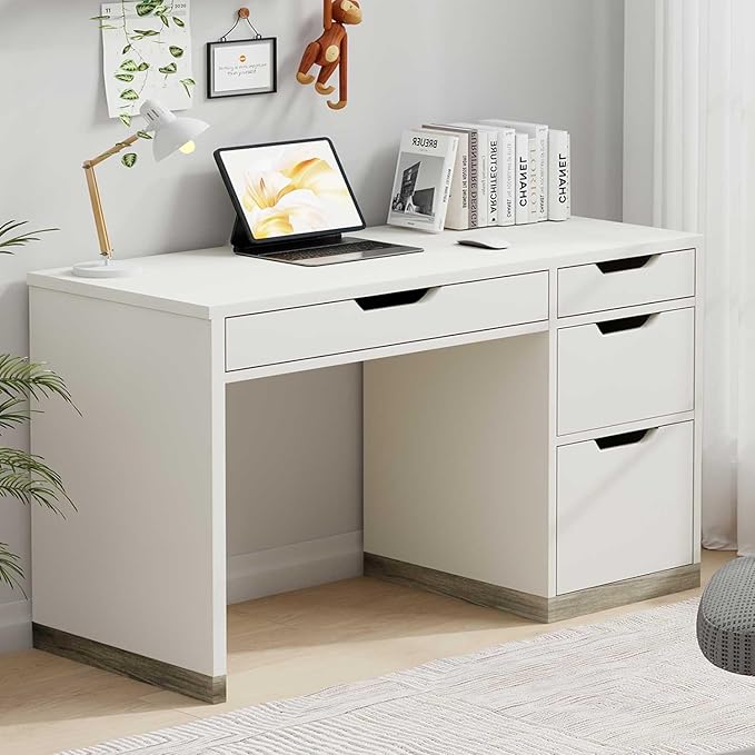 MaverickFurni White Desk with Drawers, 48 Inch Small Computer Desk with 4 Storage Drawers for Small Space, Home Office Desk for Bedroom with Storage File Drawer