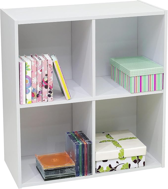Kings Brand Furniture George 4-Cube Storage Organizer, 2-Tier Bookcase with Wood Shelves for Living Room, Bedroom, Nursery, or Home Office (White, 2-Pack)