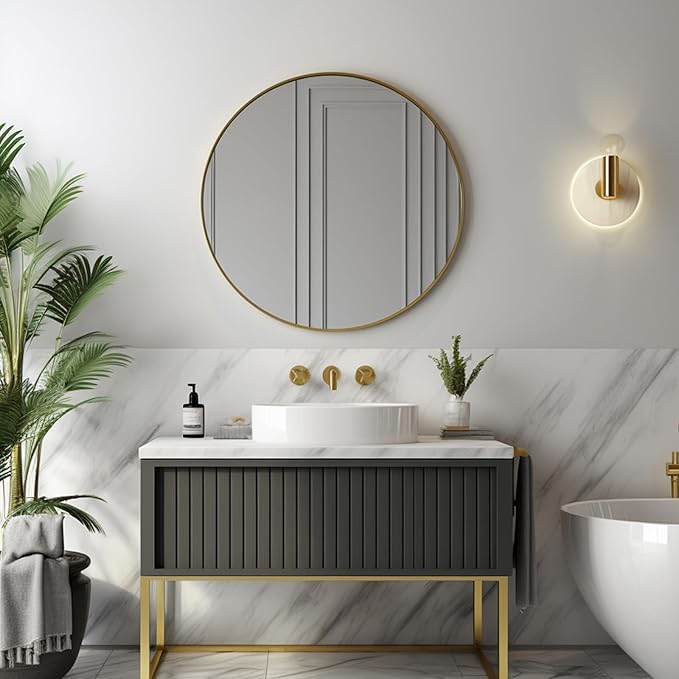 Sunniry Gold Circle Mirror, Round Mirror 22 inch, Gold Wall Mirrors Brushed Metal Frame, Circle Mirrors for Bathroom, Bedroom, Living Room, Entryway.