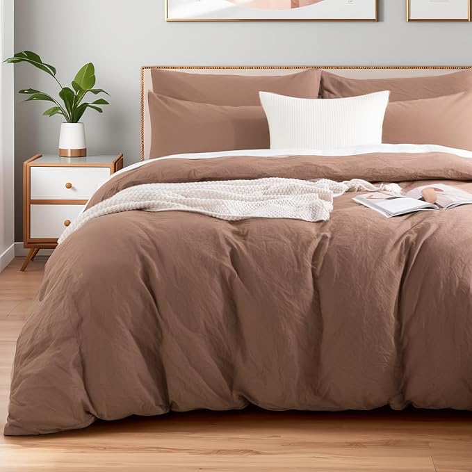 NEXHOME PRO Duvet Cover Set Kids Twin Size Linen Look Organic Natural 100% Washed Cotton Duvet Cover Mocha Brown 2 Pieces Bedding Set with Zipper Closure, Breathable (No Comforter)