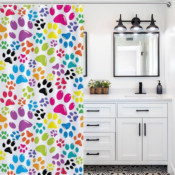 Dog Print Shower Curtain Cute Colorful Dogs Paws Duty Fabric Shower Curtains Set Bathroom Polyester Waterproof with 12 Hooks,72x72Inch（183x183cm）
