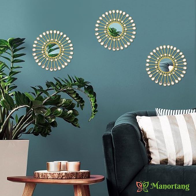Gold Mirrors - Sunburst Valentine Wall Art, Decorative Round Mirrors for Valentine Bedroom, Living Room, Bathroom, Kitchen, Entryway, Hallway - Set of 3