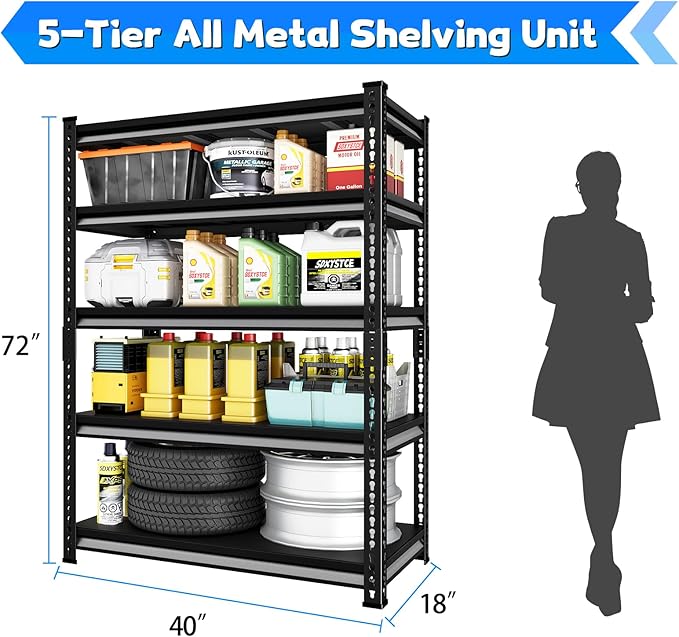 40" W Garage Shelving Heavy Duty, 2250 Lbs Loads Garage Storage Shelves Heavy Duty, 5-Tier Metal Shelving Units and Storage for Basement, Retiple Tanks,40" Wx18 Dx72 H, Black