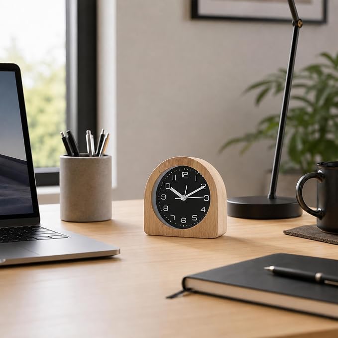 Analog Alarm Clock 5" Silent Non-Ticking Small Solid Wood Desk Clocks Battery Operated Simple Style Retro Table Clock for Office/Bedroom/Kitchen/School/Bedside/Shelf (Light Wood, Arch)