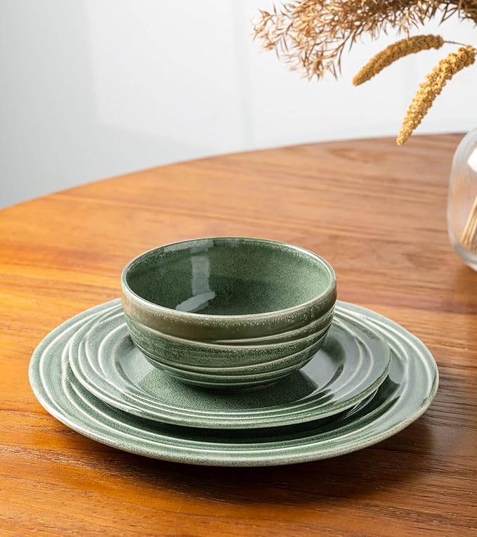 GBHOME Ceramic Dinnerware Sets,12 pcs Embossed Elegant Stoneware Plates and Bowls Sets, Housewarming Wedding Gift | Dishwasher & Microwave Safe | Dishes Set Service for 4