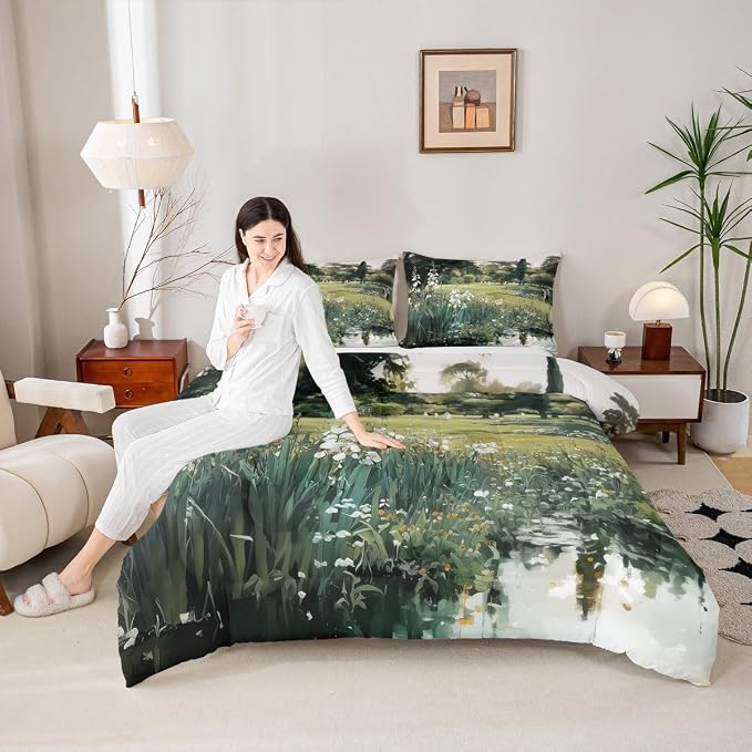 Erosebridal Vintage Floral Toddler Bedding Set Rustic Wildflowers Aesthetic Comforter Set Countryside Oil Painting Scenery Down Comforter for Kids Teens Country Plants Flowers Bed Set Bedroom Decor