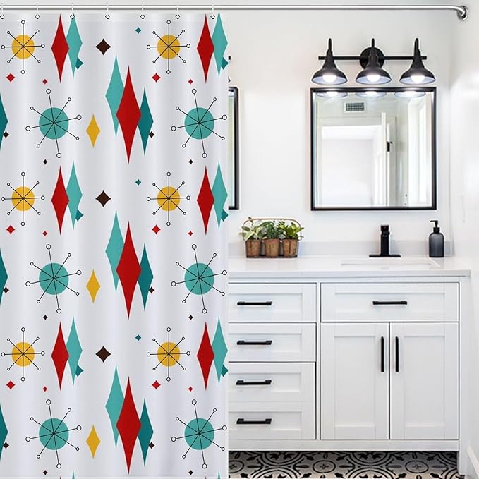 Mid Century Modern Shower Curtain,Atomic Starburst Geometric Diamond Pattern Shower Curtains Set for Bathroom Fabric Decorative Bath Curtain Washable Curtain Hooks, 72x72 in
