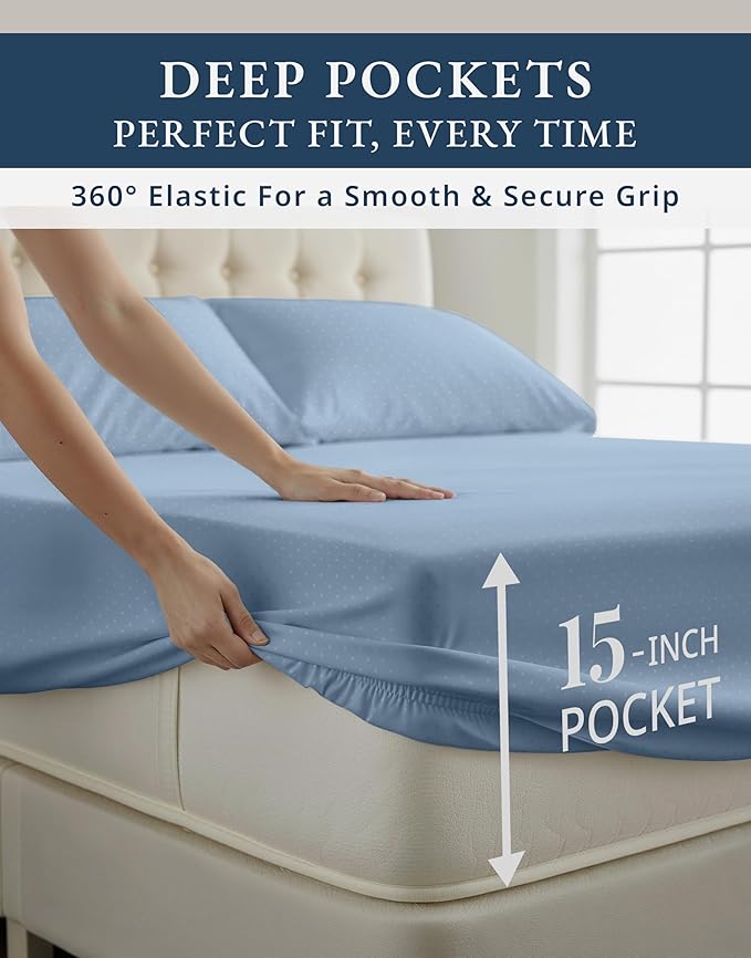 LANE LINEN 100% Egyptian Cotton Twin XL Sheets Set, Soft & Comfy Thick Fully Elasticized Mercerized Cotton Sheets Extra Large Twin Sheets, No Pill Fade Resistant Elegant Swiss Dot - French Blue
