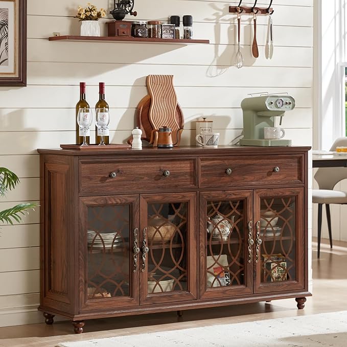 Large Sideboard Buffet Cabinet Set of 2 with Storage,59" Credenza with 4 Glass Doors & 2 Drawers,Adjustable Shelves Coffee Bar,Wood Kitchen Console Table for Dining Room,Brown