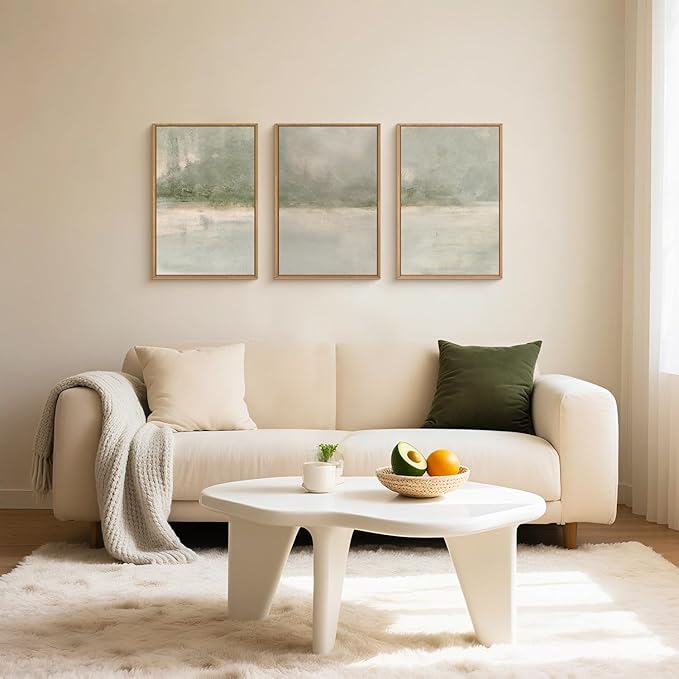 FWIEXA Grey Green Abstract Canvas Wall Art Set 3, Neutral Landscape Framed Prints, Modern Lake Scenery Paintings, Beige 24x36In Watercolor Artwork Poster for Farmhouse, Living Room, Bedroom, Office