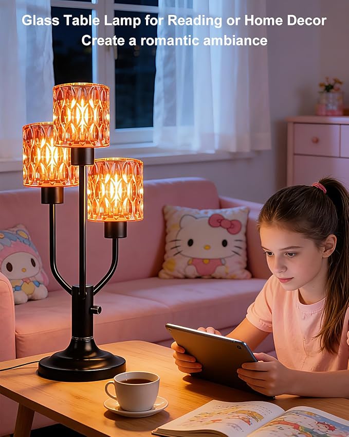 Lightdot Mid Century Modern Table Lamp Dimmable Nightstand Lamp Red Glass Vintage Black Desk Lamp 3 Bulbs Included Warmwhite Ambient Bedside Lamps for Living Room Bedroom Girls Room Home Office Decor