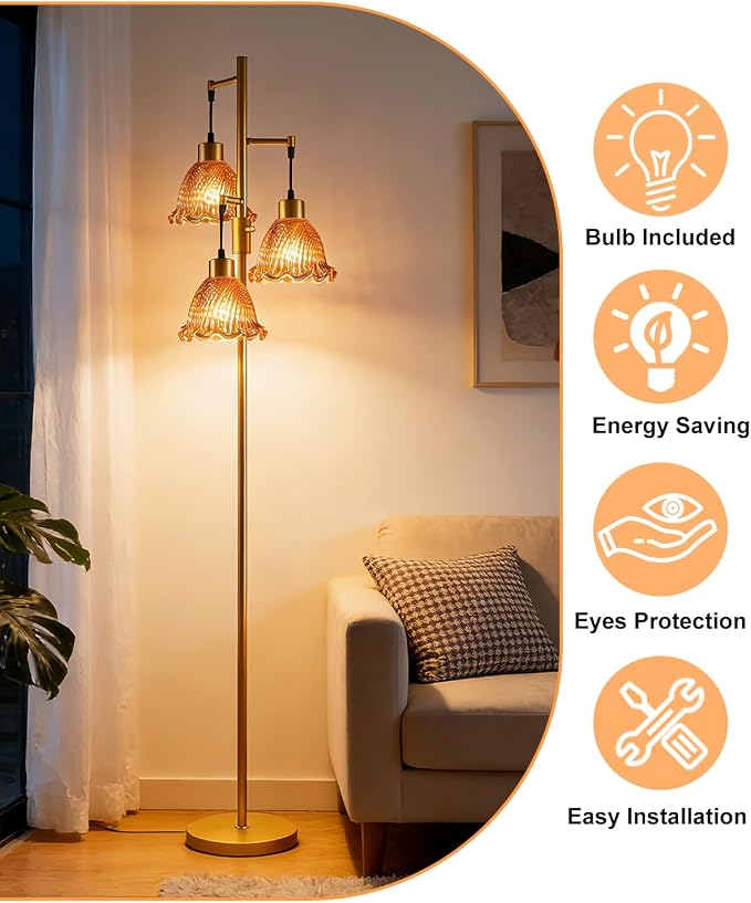 3-Light Modern Glass Floor Lamp, Gold Standing Tall Lamp with Deep Red Glass Shade for Reading, Dimmable LED Floor Lamp with 5Lbs Heavy Base for Living Room Bedroom Home Decor, Bulb Included