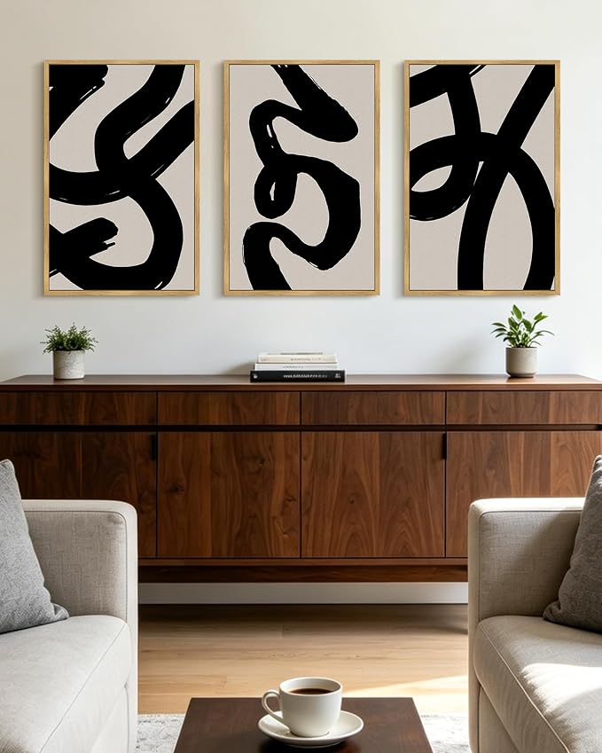KUVIOKE Black Abstract Framed Wall Art Ink Wash Minimalist Lines Canvas Painting Artwork for Bedroom Hallway 16x24in (Natural Framed)