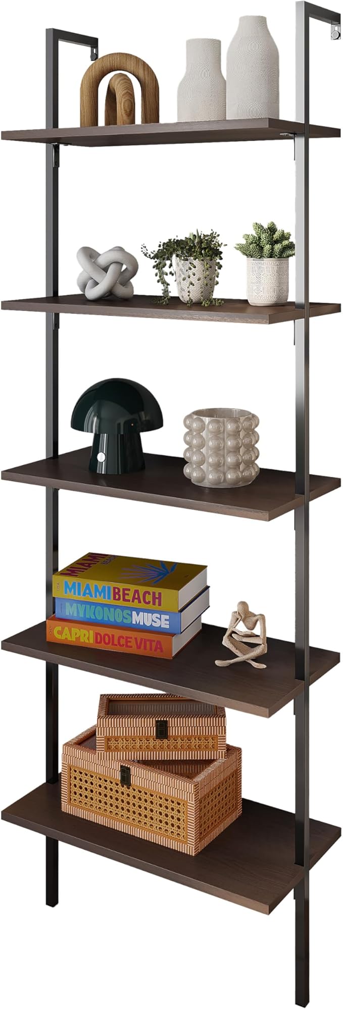 happimess MSH1001C Madera 72.05" Classic Industrial 5-Shelf Wood Wall-Mounted Open Ladder Bookcase with Metal Frame, Brown/Black