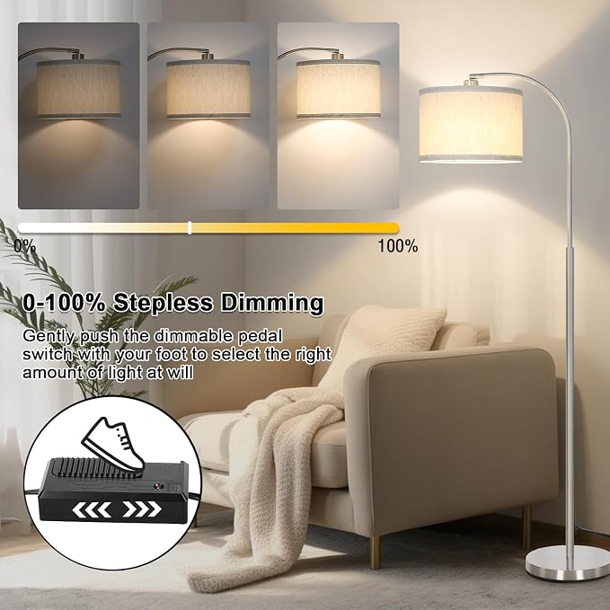 Arc Floor Lamp, Dimmable Floor Lamp for Living Room, Standing Lamp with Adjustable Drum Shade, Tall Pole Lamp for Bedroom Study Room Office, 9W 3000K LED Bulb Included