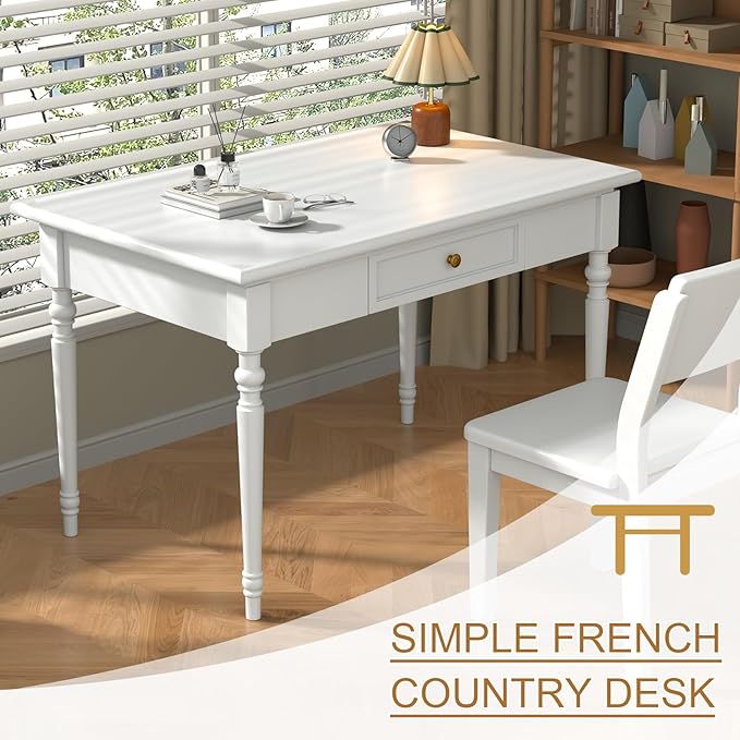 Solid Wood French Country Desk,Writing Desk with Storage Drawers,Farmhouse Computer Table Makeup Table Modern Simple Style,for Home Office Living Room Study Workspace Bedroom (White, 31.5IN)