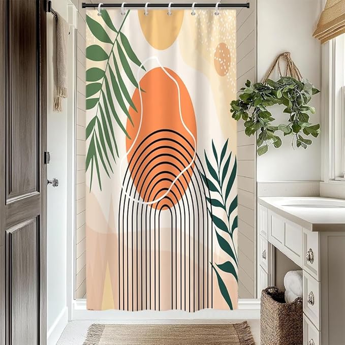 Modern Boho Shower Curtain for Bathroom Abstract Minimalist Bathroom Decor Set Green Leaves Arch Stripes Orange Sun Bathtub Curtains Machine Washable Waterproof Polyester Fabric with Hooks 48x72 Inch