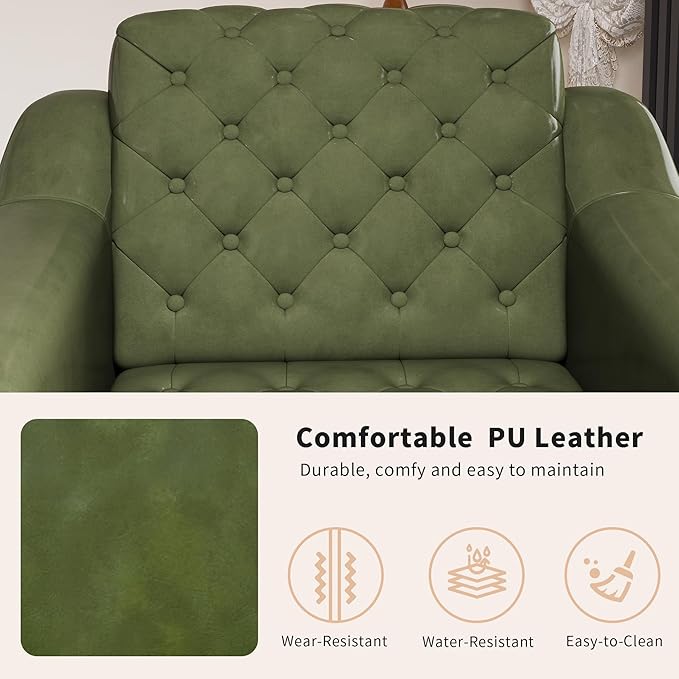 EJUNQ Faux Leather Accent Chair, Mid-Century Modern Armchair, Retro Upholstered Armchair Accent Chair Club Chair for Living Room, Bedroom, Waiting Room, Office, Green
