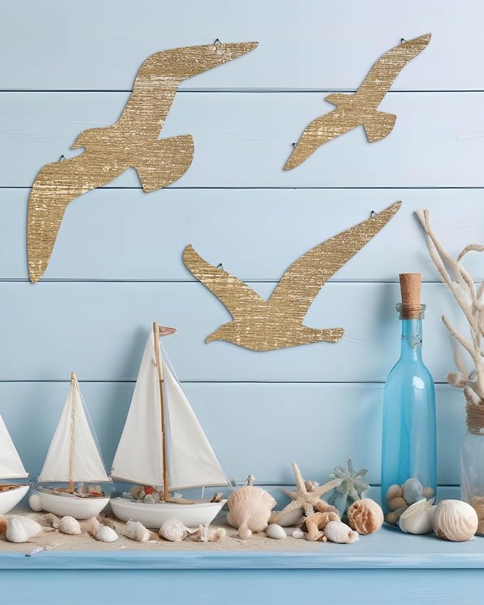 Putuo Decor Wooden Seagull Art Wall Decor Set - Rustic Coastal Birds Wall Sculptures with Metal Hooks, Farmhouse Cottagecore Accents for Beach House Bathroom Ocean Inspired Decor