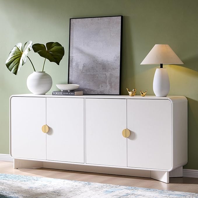 Modern Buffet Cabinet with Storage, 70" Large Sideboard Buffet Storage Cabinet with 4 Doors and Adjustable Shleves, Wooden Curved Coffee Bar for Dining Room, Kitchen, Living Room, White