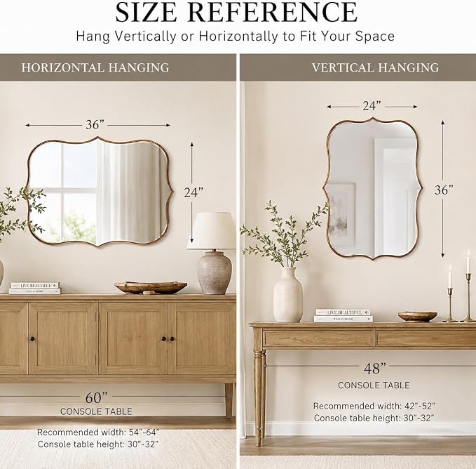 SHYFOY Antique Gold Mirrors for Wall Decor Decorative Wall Mirror Large 24" L x 36" W, Asymmetrical Wavy Accent Mirror with Scalloped Wood Frame, Bronze Farmhouse Traditional Mirror
