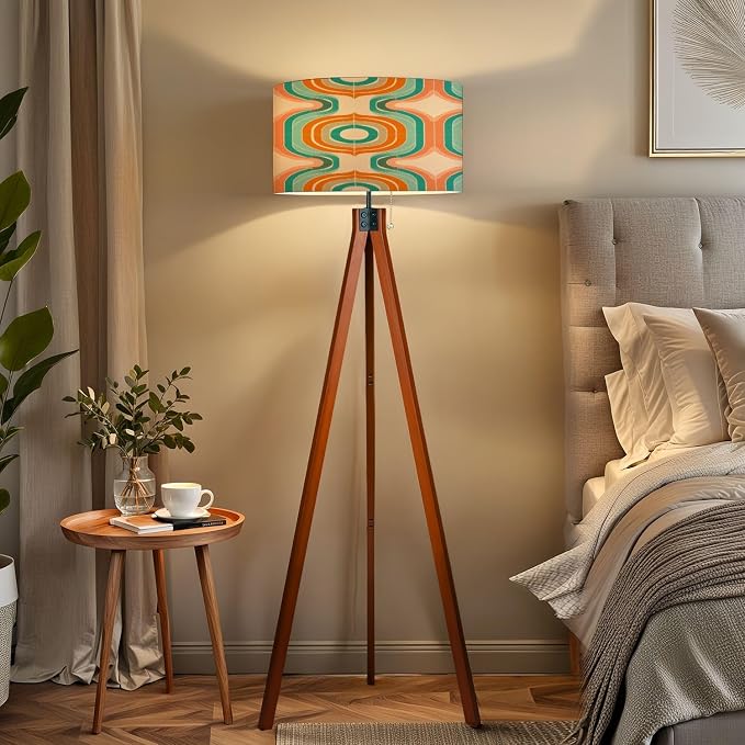 Wood Tripod Floor Lamp 50s Mid Century Modern Seamless Mid Century Standing Lamp Linen Shade Dimmable Modern Tall lamp Home Decor for Living Room Bedroom Office