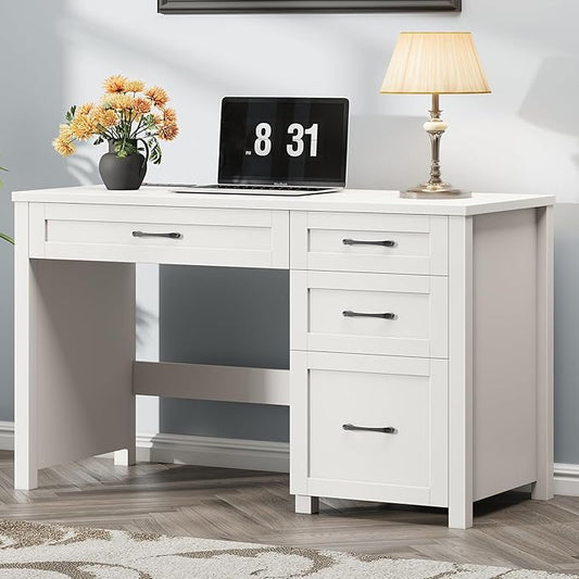 Vabches Farmhouse 47" Executive Desk, Computer Desk with File Drawer and Charging Station, Workstation for Home Office, Study,Cream White.
