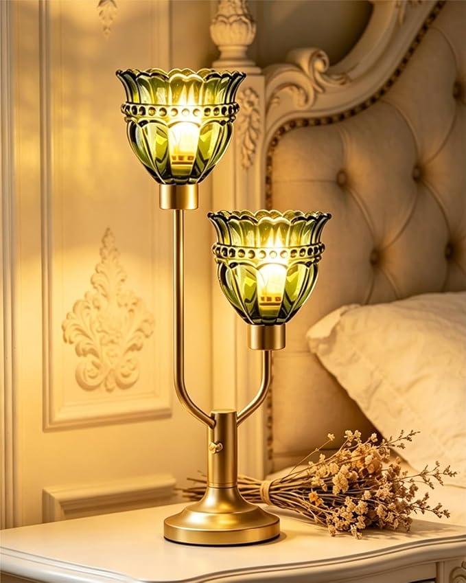 Lightdot Vintage Green Glass Table Lamp for Bedroom Dimmable Mid Century Modern Gold Desk Lamp Nightstand Lamp 2 Bulbs Included Warmwhite Ambient Bedside Lamps for Living Room Home Office Decor Gift