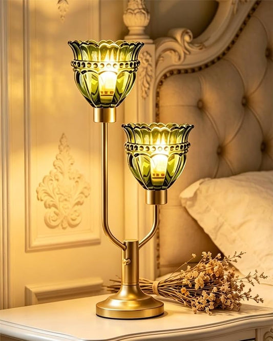 Lightdot Vintage Green Glass Table Lamp for Bedroom Dimmable Mid Century Modern Gold Desk Lamp Nightstand Lamp 2 Bulbs Included Warmwhite Ambient Bedside Lamps for Living Room Home Office Decor Gift