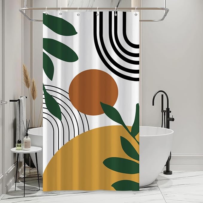 Boho Geometric Shower Curtain White Beige Mid Century Abstract Arch Curve Bathroom Curtain Minimalistic Sun Shower Curtain Sets for Bathroom Extra Long 36x72 in with 6 Hooks