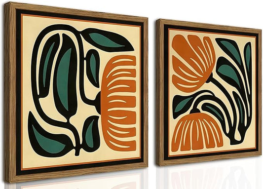 Mid Century Floral Wall Art Set of 2, Modern Square Abstract Botanical Wall Decor Picture, Vintage Boho Eclectic Plant Canvas Prints Paintings for Bedroom Living Room 16x16 inch Wood Framed