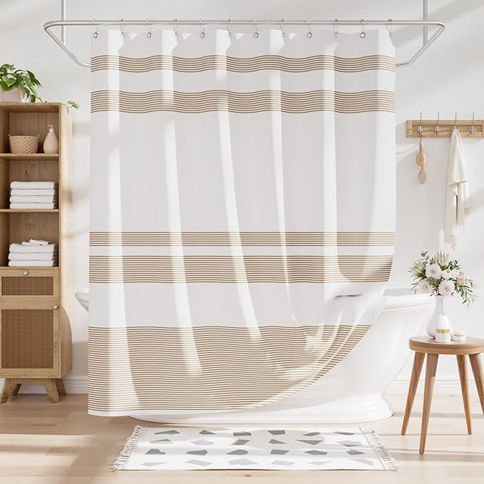 AmazerBath Shower Curtain, 72x72 Washable Cloth Neutral Light Tan Shower Curtain with 12 Hooks, Fabric Khaki and White Striped Set, Farmhouse Bathroom Shower Curtain