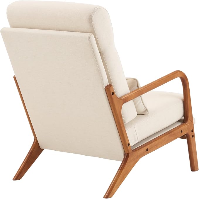 Bonnlo High Back Linen Beige Mid Century Modern Accent Chair, Soild Wood Padding Lounge Armchairs Side Sitting Chairs for Living Room, Bedroom, Guest Room