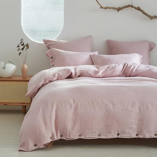 Simple&Opulence 100% Linen Duvet Cover Set 3pcs with Coconut Button Closure Natural French Washed Flax Solid Color Soft Breathable Farmhouse Bedding - Blush Pink, King Size
