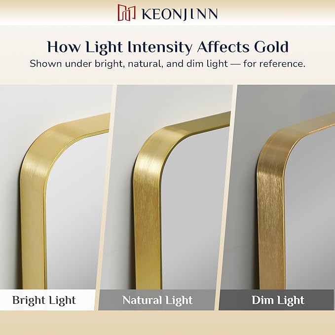 Keonjinn Gold Bathroom Mirrors for Over Sink, 22” x 30” Rounded Rectangle Brushed Gold Vanity Mirror, Anti-Rust Brass Mirror with HD Tempered Glass, Decorative Farmhouse Mirrors, Horizontal/Vertical