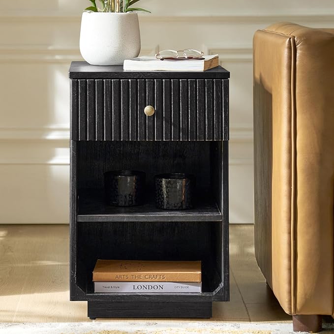 HULALA HOME Mid-Century Modern End Table with Drawer and Open Shelves, Solid Paulownia Wood Side Table, Brass Knob, No Assembly Required(Charcoal)