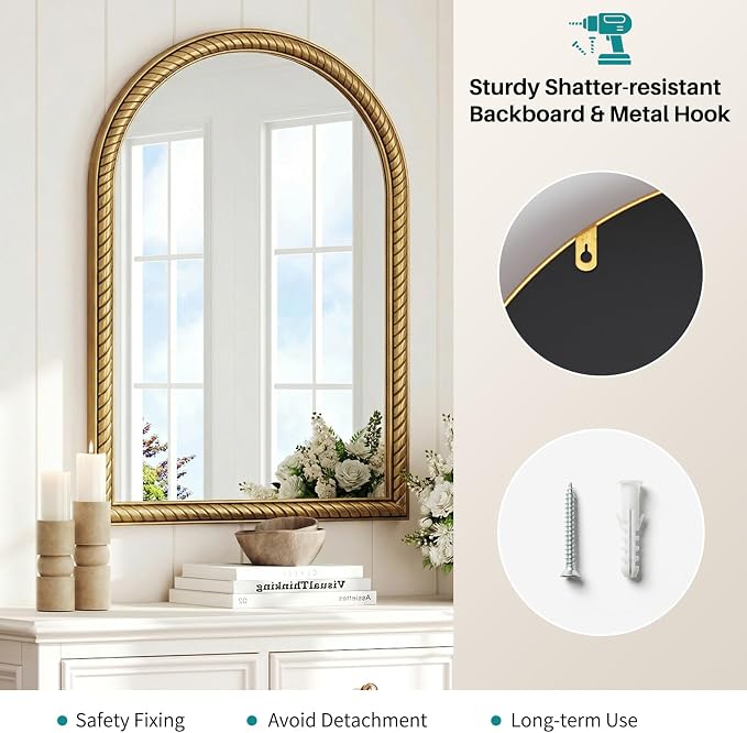 Arched Wall Decor Mirror - 24"X36" Retro Gold Large Vintage Rope-Like Metal Framed Mirror for Wall Decor, Vanity Mirrors for Bathroom, Living Room, Bedroom, Fireplace