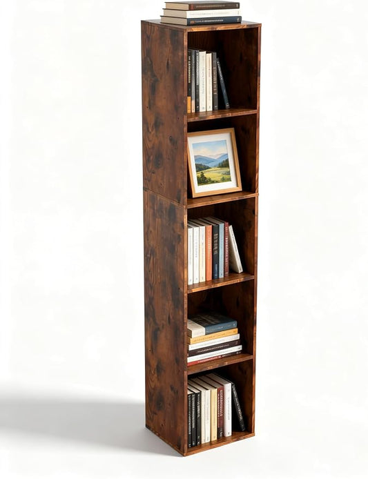 Cube Storage Organizer, 5 Cube Retro Bookshelf, Freestanding 5 Tier Open Shelf, Rustic Brown Retro Shelves for Home Office, Bedroom, Living Room, Study