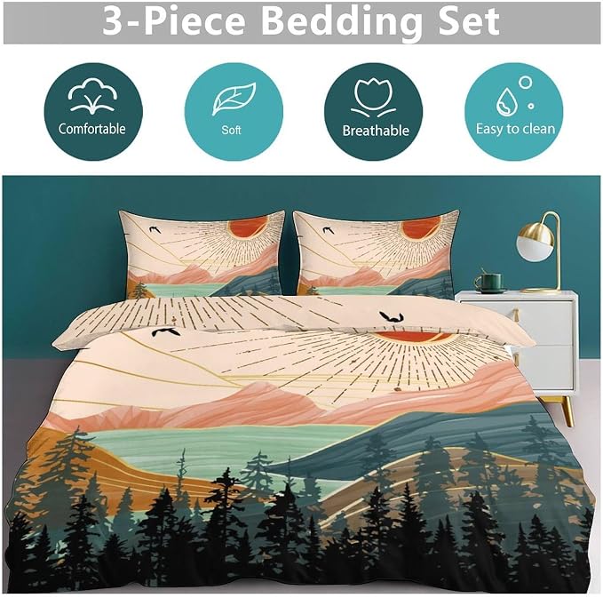 Boho Sun Bedding Set,Modern Minimalist Abstract Mountain Nature Leaves Sunrise Comforter Set with Pillowcase for Bedroom Bed Decor,Full 79"x90"