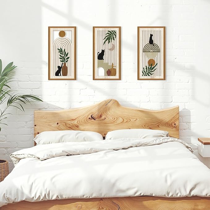 Ausril 3Pcs Boho Black Cat Wall Decor,Boho Cats Wall Art,Mid Century Modern Decor Black Kitty,Abstract Geometric Cats Artwork,Minimalist Botanical Bohemian Cat Wood Art for Home Bedroom Living Room