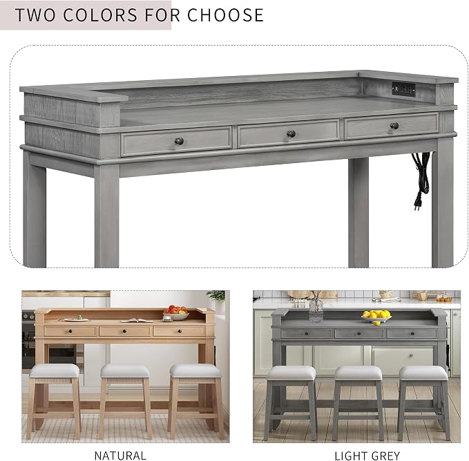P PURLOVE 4 Piece Dining Bar Table Set with 3 Stools, Multifunctional, Industrial Style, USB Port, Space Saving, Solid Wood, Easy Assembly