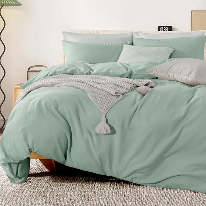 NEXHOME PRO Green Duvet Cover Set Oversized Queen 98"x98" Linen Feel Textured Organic Natural 100% Washed Cotton Duvet Cover 3 Pieces Bedding Set Zipper Closure, Breathable, Soft (No Comforter)